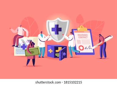 Tiny Characters Fill Huge Health Policy Document, Male Doctors Holding Protective Shield with Cross. People Signing Health Insurance for Medical Protection, Life Guarantee. Cartoon Vector Illustration
