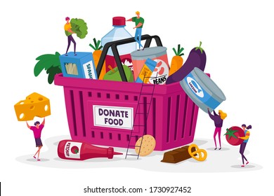 Tiny Characters Filling Cardboard Donation Basket with Food Products for Help to Poor People in Shelter. Support Social Care, Volunteering and Charity, Humanitarian Aid. Cartoon Vector Illustration