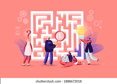 Tiny Characters Finding Idea, Solution in Labyrinth. Challenge and Problem Solving Concept. Confused People at Maze Entrance Thinking how to Pass Difficult Way for Success. Cartoon Vector Illustration