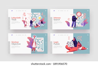 Tiny Characters Finding Idea, Solution in Labyrinth Landing Page Template Set. Challenge and Problem Solving Concept. People at Maze Thinking how to Pass Way for Success. Cartoon Vector Illustration