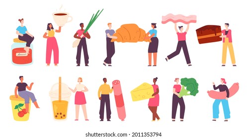 Tiny characters with food. People with grocery shop products, vegetables, sausages, tea, cake, yogurt and cheese. Cooking meal vector set. Illustration character with food, vegetable, cake and coffee svg
