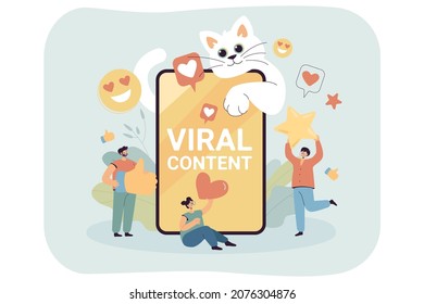 Tiny characters in front of smartphone digital display and funny white cat. People surfing internet, searching viral content, clicking like flat vector illustration. Person and social media concept