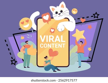 Tiny characters in front of smartphone digital display and funny white cat. People surfing internet, searching viral content, clicking like flat vector illustration. Person and social media concept