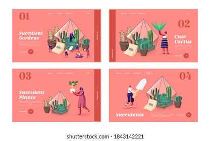 Tiny Characters Grow Cacti and Succulents in Pots at Home Landing Page Template Set. Gardening, People Planting Hobby and Making Plants Compositions in Terrarium Concept. Cartoon Vector Illustration