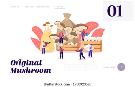 Tiny Characters Growing Mushrooms at Home Landing Page Template. Men and Women Gardening Hobby, Grow and Cut Shiitake, Porcini and Champignons in Sack and Wood Box. Cartoon Vector People Illustration