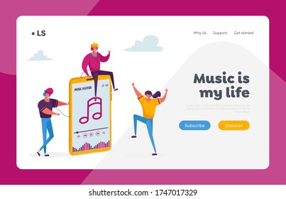 Tiny Characters in Headphones Enjoying Sound Composition, Dancing and Relaxing. Landing Page Template. Young People Listen Music on Huge Player or Mobile Phone Application. Cartoon Vector Illustration