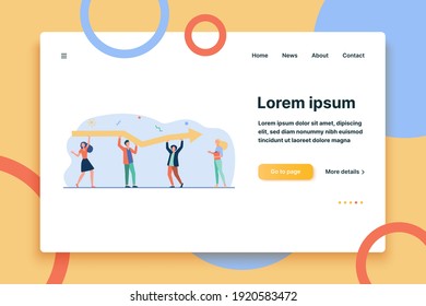 Tiny characters holding huge arrow together. Growth, coworking, help flat vector illustration. Teamwork or achievement concept for banner, website design or landing web page