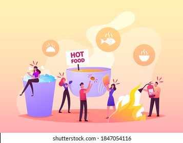 Tiny Characters At Huge Bowl With Hot Food Woman Sitting On Cup With Ice Blow On Spicy Meal In Plate. Man With Fire Extinguisher, People Eating Spicy Meals Burn Tongue. Cartoon Vector Illustration