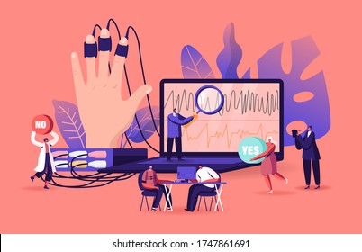 Tiny Characters at Huge Computer Show Physiological Measures of Person Undergoing Lie Detector, Polygraph Test. Examining Expert Write Down Lie or Truth Observation. Cartoon Vector People Illustration
