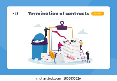 Tiny Characters At Huge Document Tear Terminated Contract Landing Page Template. Woman With Stamp At Scattered Paper Sheets And Litter Bin. Drop Arrow Graph, Crisis. Cartoon People Vector Illustration