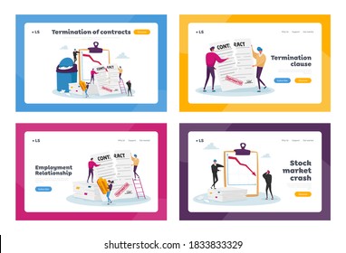 Tiny Characters At Huge Document Tear Terminated Contract Landing Page Template Set. Woman With Stamp At Scattered Paper Sheets And Litter Bin. Drop Arrow Graph. Cartoon People Vector Illustration