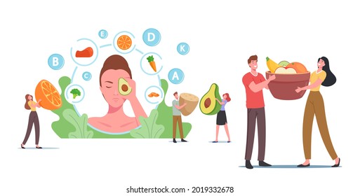 Tiny Characters at Huge Female Head with Avocado, People Eat Healthy Food for Skin Health, Vegetables, Berries and Fruits Fortified Products, Organic Greenery, Vitamin C. Cartoon Vector Illustration