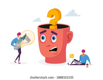 Tiny Characters with Huge Light Bulb and Laptop at Human Head with Question Mark. Businessmen Creative Idea, Muse, Business Vision, Educational Insight, Motivation. Cartoon People Vector Illustration