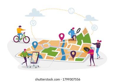 Tiny Characters at Huge Location Map, People Use Online Application on Smartphone with Geolocation App Pins. Possible Routes, Distances, Gps Navigation Positioning Concept Cartoon Vector Illustration