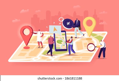 Tiny Characters at Huge Location Map, People Use Online Application on Smartphone with Geolocation App Pins. Search Route, Distances, Navigation Positioning Concept. Cartoon People Vector Illustration