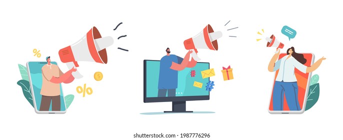 Tiny Characters with Huge Megaphone. Digital Marketing, Public Relations and Affairs, Communication. Pr Agency Work, Alert Advertising, Social Media Promotion. Cartoon People Vector Illustration