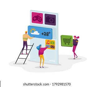 Pequeños personajes en la enorme aplicación de desarrollo de teléfonos móviles. Proceso De Desarrollo De La Ui. Prototipos y pruebas de Api de Software. Construcción de interfaz Smartphone , Creación de aplicaciones. Ilustración de vectores de personas de caricatura