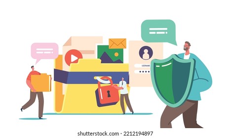 Tiny Characters at Huge Protected Folder with Files, Red Lock and Shield. Information and Documents Protection, Secure Docs, Photo and Video Files Security, Privacy. Cartoon People Vector Illustration