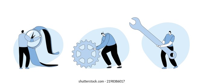 Tiny Characters with Huge Repair Tools and Instruments Fixing Broken Clocks and Watches. Men Holding Huge Gear or Cogwheel, Wrench and Wrist Watch, Time Concept. Cartoon Vector Illustration, Icons Set