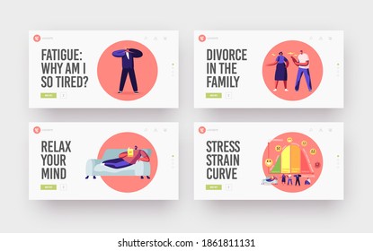 Tiny Characters at Huge Stress Curve with Levels Landing Page Template Set. Inactive, Laid Back, Fatigue, Exhaustion and Anxiety with Panic and Anger Breakdown. Cartoon People Vector Illustration