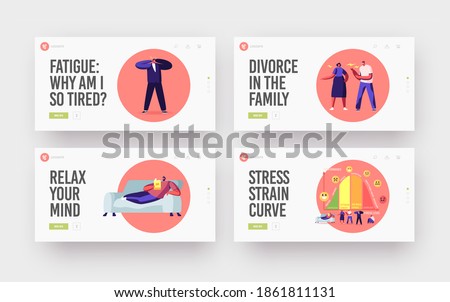 Tiny Characters at Huge Stress Curve with Levels Landing Page Template Set. Inactive, Laid Back, Fatigue, Exhaustion and Anxiety with Panic and Anger Breakdown. Cartoon People Vector Illustration