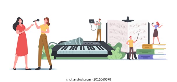 Tiny Characters at Huge Synthesizer Take Musical Vocal Lessons Training Voice and Singing Songs. People Developing Talent, Vocalist Learning Notes, Sing with Microphone. Cartoon Vector Illustration