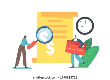 Tiny Characters at Huge Transaction History Payment Recipe. Man Buyer Holding Credit Card for Online Payment, Woman with Glass. Cashless Paying, Shopping at Store. Cartoon People Vector Illustration