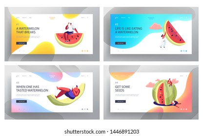Tiny Characters with Huge Watermelon Website Landing Page Set, Friends Company Summertime Leisure, Beach Party, Summer Vacation, Holidays, Food Web Page. Cartoon Flat Vector Illustration, Banner