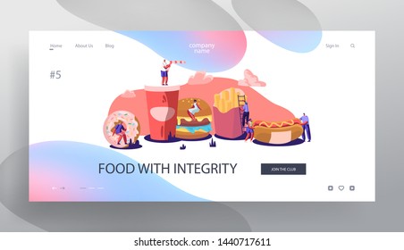 Tiny Characters Interacting with Fastfood. Huge Burger, Hot Dog, French Fries, Donut, Soda Drink. People Eating Street Fast Food Website Landing Page, Web Page. Cartoon Flat Vector Illustration Banner