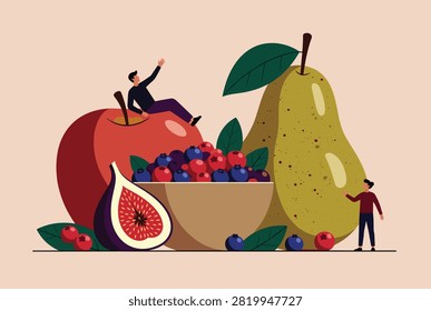 Tiny characters interacting with giant fresh fruits representing healthy diet natural organic food nutrition and lifestyle.