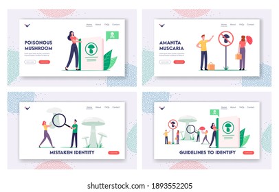 Tiny Characters Learning Poisonous Mushrooms Landing Page Template Set. People Reading Book Study Edible or Inedible Fungi before Walking to Forest. Toxic Dangerous Plants. Cartoon Vector Illustration