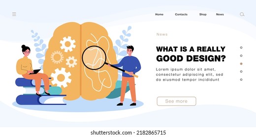 Tiny characters with logical and creative halves of brain. Organized woman reading book, man examining tangle with magnifier flat vector illustration. Intelligence, psychology concept for banner