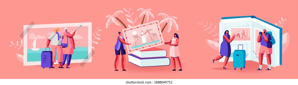 Tiny Characters Looking Traveling Pictures In Huge Photo Album, Tropical Beach Resort, European Sights, Summer Time Vacation, Memory Of Trip Experience, Journey. Cartoon People Vector Illustration