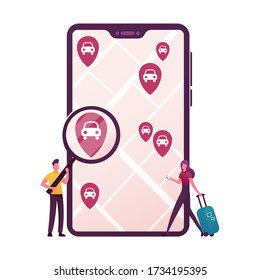 Tiny Characters with Magnifier and Luggage at Huge Mobile Order Car Sharing Service for Transportation in City. Taxi, Automobile Rental and Share Using Mobile App. Cartoon People Vector Illustration
