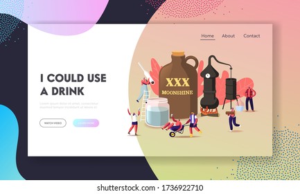 Tiny Characters Make Moonshine Conditions Landing Page Template. Accessories for Homemade Alcohol Production. Drunk People, Woman with Alcohol Meter, Man in Wheelbarrow. Cartoon Vector Illustration