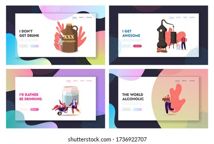Tiny Characters Make Moonshine at Home Landing Page Template Set. Accessories for Homemade Alcohol Production. Drunk People, Woman with Alcohol Meter, Man in Wheelbarrow. Cartoon Vector Illustration
