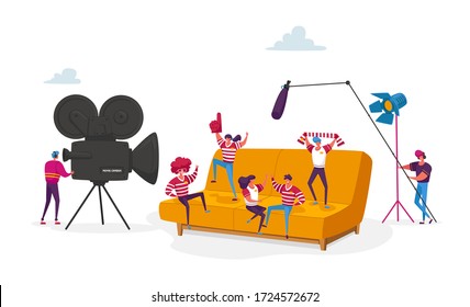 Tiny Characters Make Movie. Operator Using Camera, Staff with Professional Equipment Recording Film about Sports Team or Fans Playing Role in Costumes on Huge Sofa. Cartoon People Vector Illustration
