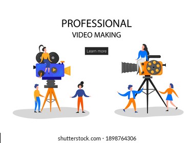Tiny Characters Making Movie. Operator Using Camera and Staff with Professional Equipment Recording Film. Director with Megaphone, People with Clapperboard and Reel Film. Cartoon Vector Illustration.