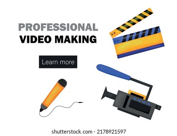 Tiny Characters Making Movie. Operator Using Camera and Staff with Professional Equipment Recording Film. Director with Megaphone, People with Clapperboard and Reel Film. Cartoon Vector Illustration.