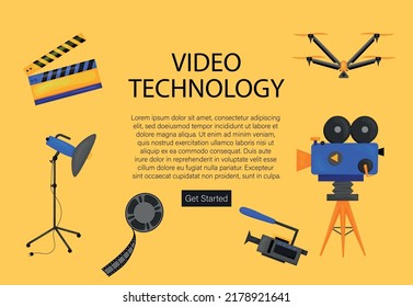 Tiny Characters Making Movie. Operator Using Camera and Staff with Professional Equipment Recording Film. Director with Megaphone, People with Clapperboard and Reel Film. Cartoon Vector Illustration.