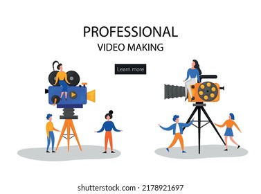 Tiny Characters Making Movie. Operator Using Camera and Staff with Professional Equipment Recording Film. Director with Megaphone, People with Clapperboard and Reel Film. Cartoon Vector Illustration.