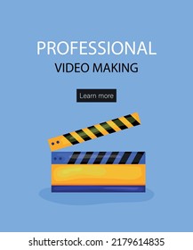 Tiny Characters Making Movie. Operator Using Camera and Staff with Professional Equipment Recording Film. Director with Megaphone, People with Clapperboard and Reel Film. Cartoon Vector Illustration.