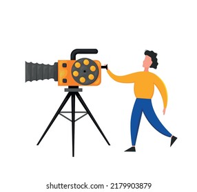 Pequeños Personajes Haciendo Película. Operador con cámara y personal con película de grabación de equipo profesional. Director con Megaphone, People with Clapperboard y Reel Film. Ilustración del vector de dibujos animados.