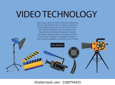 Tiny Characters Making Movie. Operator Using Camera and Staff with Professional Equipment Recording Film. Director with Megaphone, People with Clapperboard and Reel Film. Cartoon Vector Illustration.