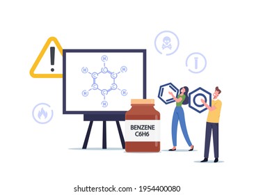 Tiny Characters near Huge Screen with Benzene Ring Hydrocarbon Formula C6H6. Petroleum for Refueling Automobile, Transport Gasoline for Vehicle. Biochemistry Model. Cartoon People Vector Illustration
