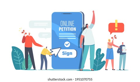 Tiny Characters near Huge Smartphone Yell to Megaphone Call to Sign Online Petition. Collective Public Appeal Service. Signing and Spreading Document for Government. Cartoon People Vector Illustration