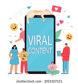 Tiny characters near huge smartphone with cat and emoji. Social media blogging, marketing using cellphone device. Streaming, online likes, followers attracting. Cartoon people vector illustration.