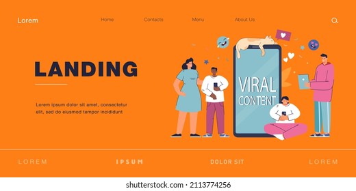 Tiny characters near huge smartphone with cat and emoji. Social media blogging, marketing using cellphone device. Streaming, online likes, followers attracting. Cartoon people vector illustration.