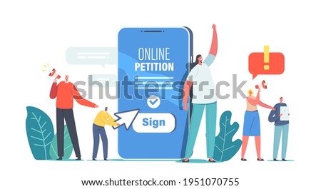 Tiny Characters near Huge Smartphone Yell to Megaphone Call to Sign Online Petition. Collective Public Appeal Service. Signing and Spreading Document for Government. Cartoon People Vector Illustration
