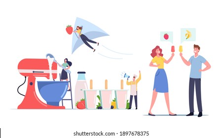 Tiny Characters on Ladder Cooking Homemade Ice Cream Using Huge Mixer and Molds. Summer Time Food, Delicious Sweet Dessert with Berries, Icecream Popsicle Meal. Cartoon People Vector Illustration